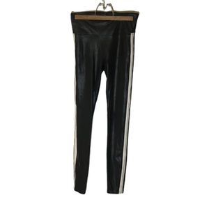 Spanx Leggings Black Leather Look White Tuxedo Stripe Small